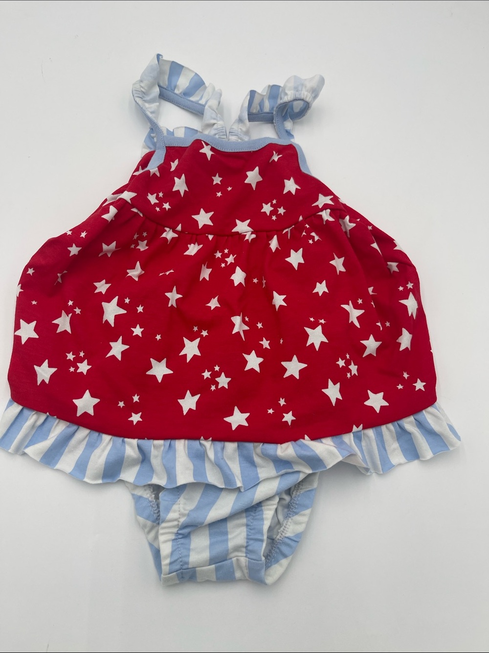 Cat & Jack Baby Girls Red Star Ruffle Swimsuit with Blue Stripe Trim